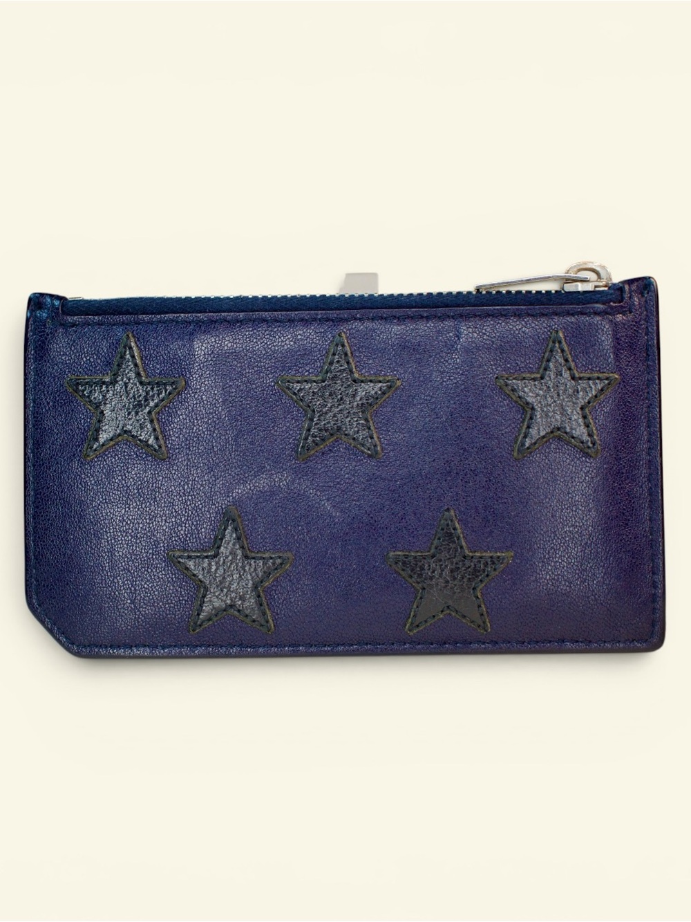 Ysl Navy Leather Star Appliqué Zip Card Wallet